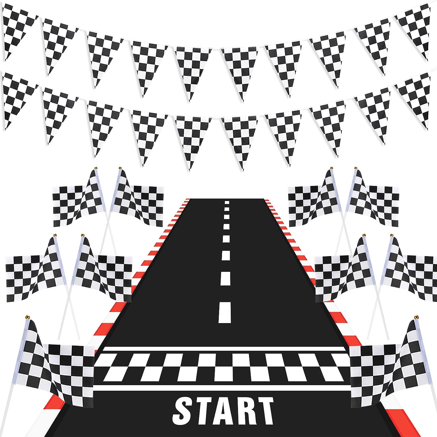 Racing Car Party Decorations Supplies 6.6 X 2 Ft Long Racetrack Floor Running Mat, 6.6 Feet Checkered Racing Pennant Banner, 10 Pcs Checked Race Flags with Stick for Birthday Race Car Party Decors