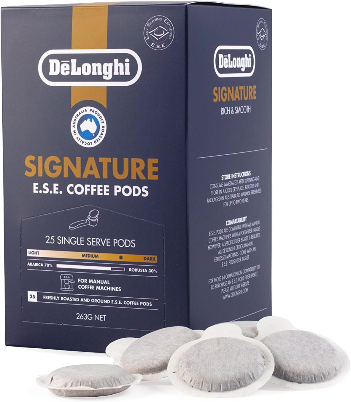 De’Longhi Signature E.S.E. Coffee Pods DLSL011, Espresso Coffee Capusles with 70% Arabica and 30% Robusta, 25 Single Serve Pods