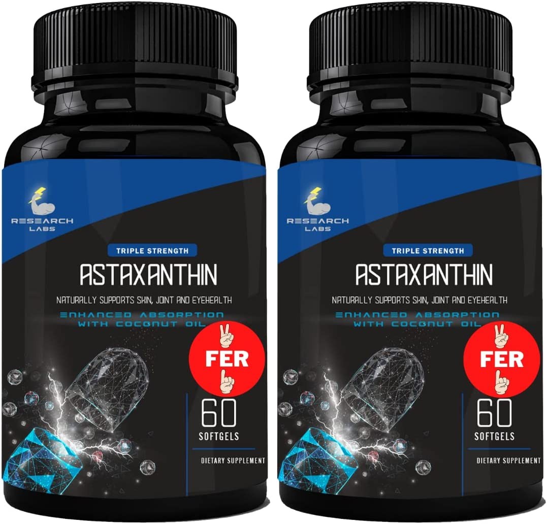 Research Labs Triple Strength Natural Astaxanthin 12Mg Softgels with Organic Coconut Oil for Enhanced Absorption. Powerful Antioxidant Supports Eye, Joint & Heart Health. 120 Total Softgels