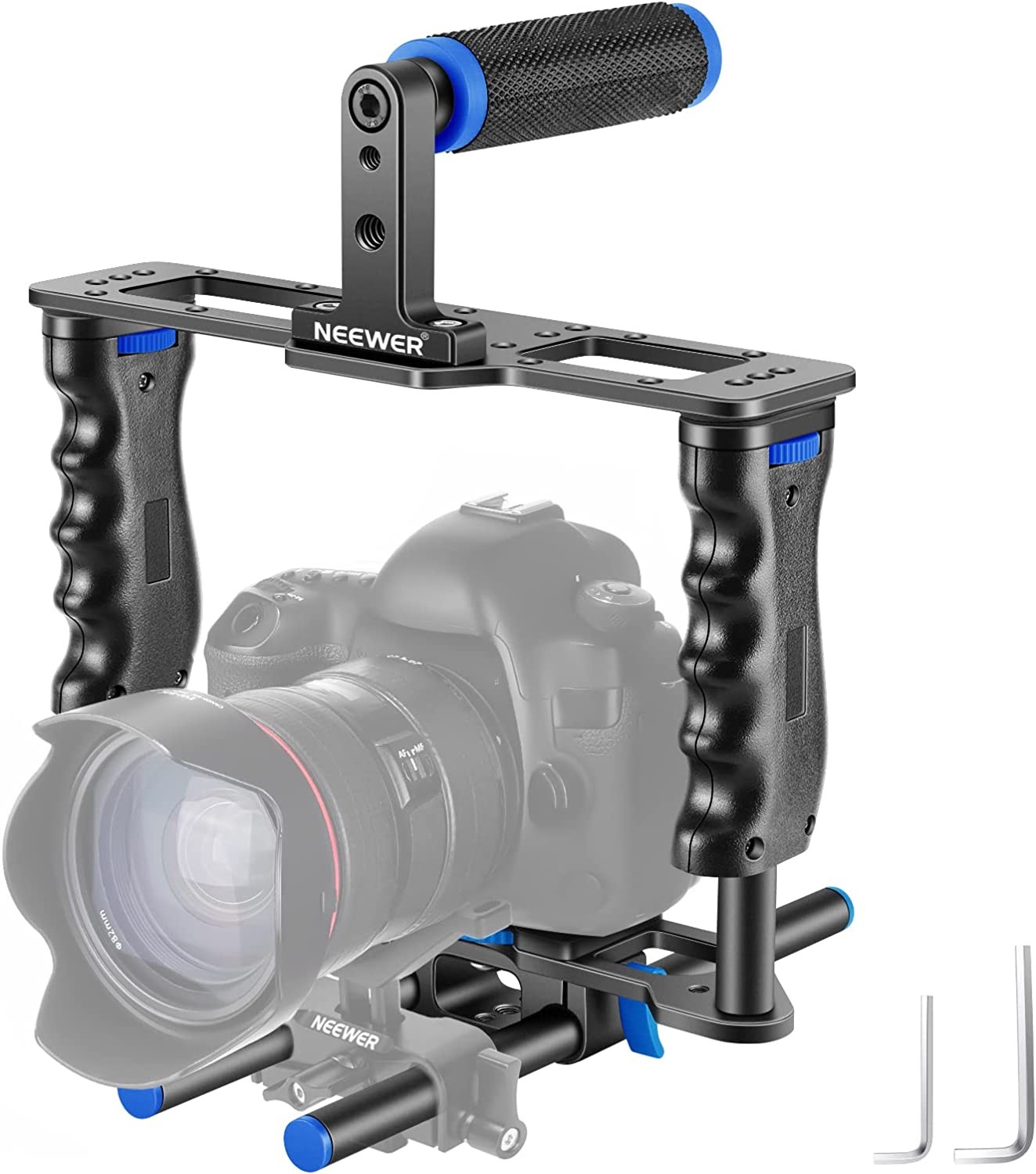 NEEWER Camera Video Cage Film Movie Making Kit, Aluminum Alloy with Top Handle, Dual Hand Grip, Two 15Mm Rods, Compatible with Canon Sony Fujifilm Nikon DSLR Camera and Camcorder (Black + Blue)