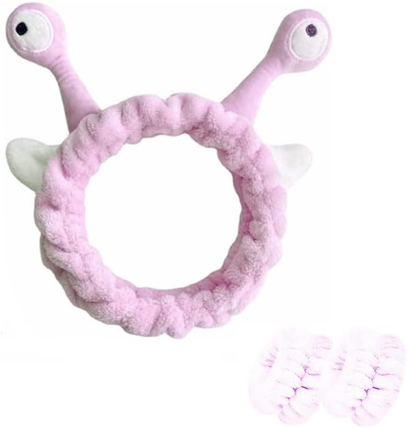 PETHOMEAU Face Wash Headband | Snail Skincare Headband | Cute Animal Head Hoop | Cartoon Fluffy Headband with Wristband for Women Girls (Pink)