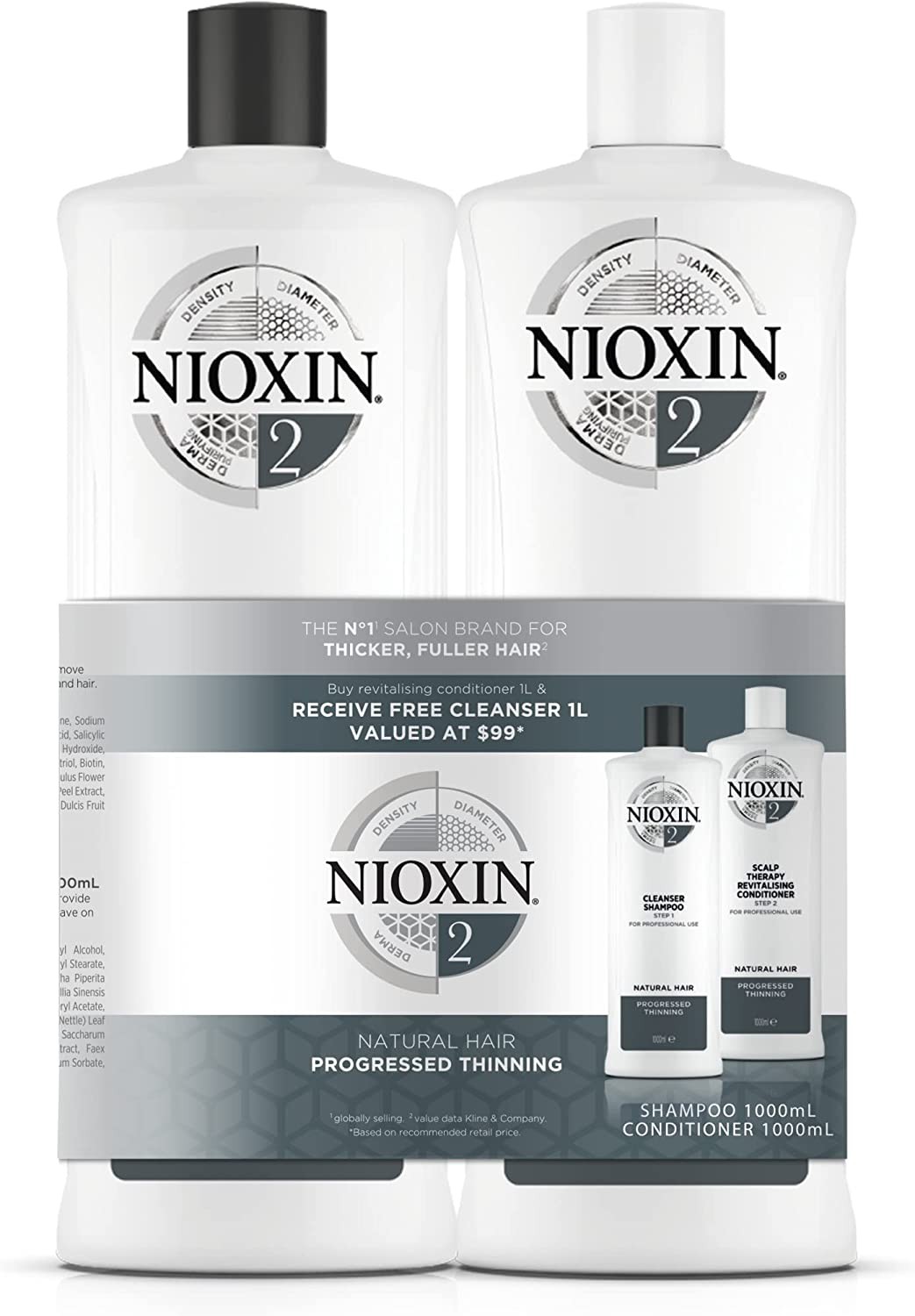 NIOXIN System 2 Duo Pack, Cleanser Shampoo + Scalp Therapy Revitalising Conditioner (1L + 1L), for Natural Hair with Progressed Thinning