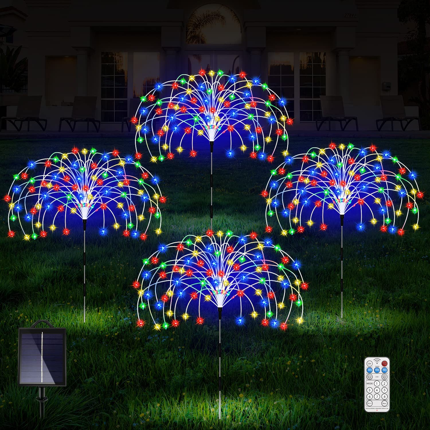 Outdoor Solar Lights, 4 Pack 120 LED Waterproof Solar Firework Lights Are 8 Modes Decorative Sparkles Stake Landscape Light, Garden Copper Wire Firework Lamp for Backyard Lawn Patio Decor(Color)