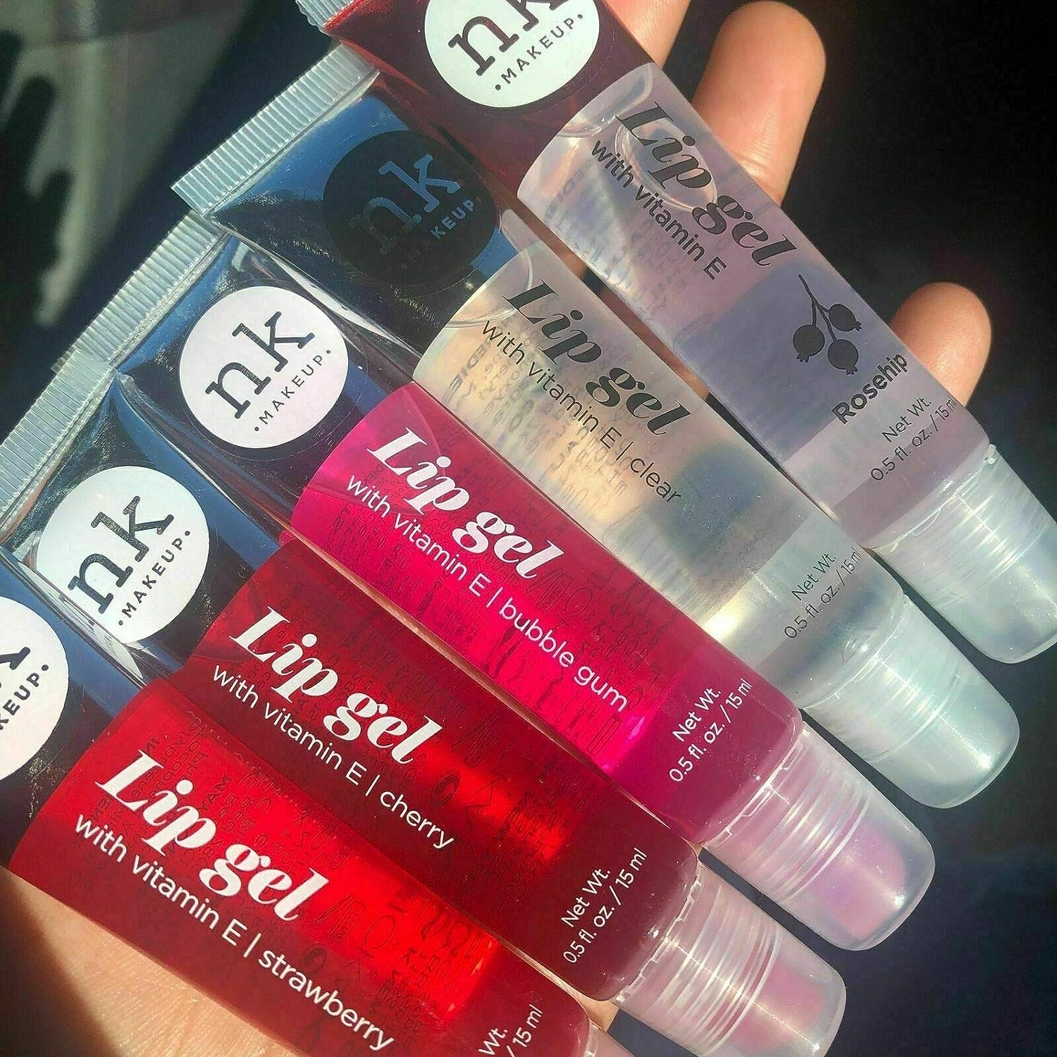 VARIETY SET of 5 NK Hydrating Lip Gel – Vitamin E Thick Gloss. (Clear, Rosehip Oil, Bubble Gum, Cherry, Strawberry)