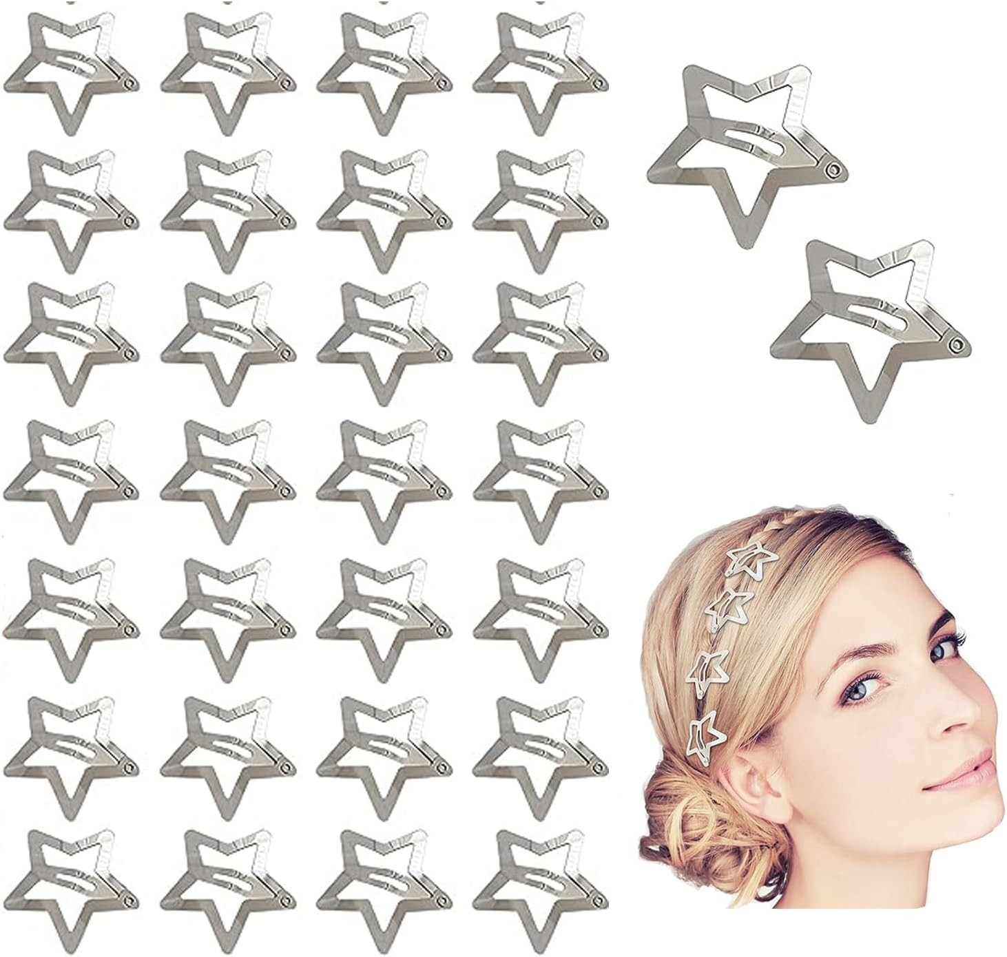 LYSAIMG 50Pcs Star Shape Silver Hair Clips,Metal Hair Clip,3Cm Wide Girls Hair Clips Non Slip Metal Stars Hair Pins Accessories Snap Hair Barrette for Women Girls Kids