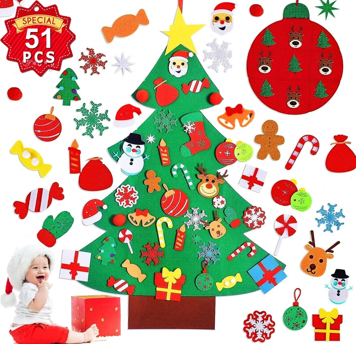 T Tersely 51 PCS DIY Felt Christmas Tree Set with Ornaments for Kids, plus Tic-Tac-Toe Games for Kids Toddlers Wall Hanging Decorations Felt Craft Kits for Xmas Gifts Party Favors