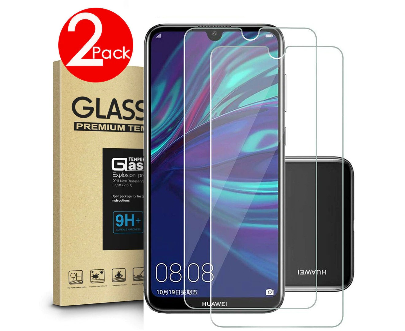 2 PACK Premium 9H Tempered Glass Screen Protector for HUAWEI Y7 Pro 2019