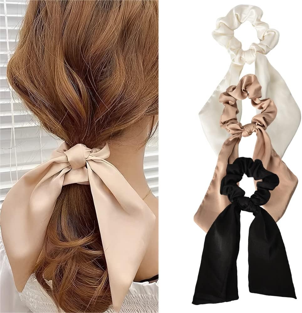 Hair Scarf Scrunchies with Ribbon Tails for Women Girls Hair Bows Scrunchy Satin Hair Tie for Teen Girls Knotted Bow Hair Elastics Silk Ponytail Holder for Women 3 Pcs