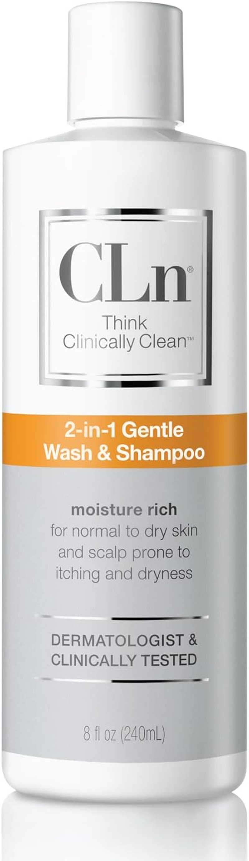 Cln® 2-In-1 Gentle Wash & Shampoo – Multi-Functional Cleanser with Glycerin to Moisturize & Soothe Skin, for Dry to Normal to Compromised Skin and Scalp Prone to Redness, Itching, Dryness and Razor Bumps, Frangrance-Free and Paraben-Free (8 Fl Oz)