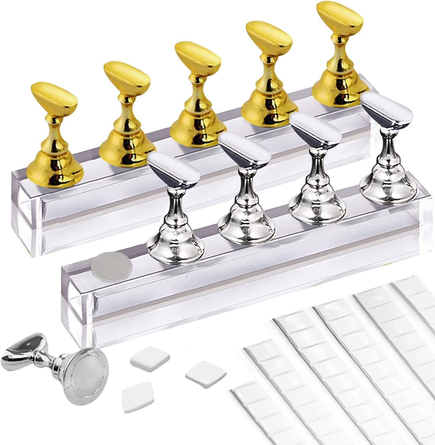 2 Sets Nail Stand for Press On, Acrylic Magnetic Nail Art Display Holder for Painting and False Nail Tip Manicure Tool and 90 Pieces White Reusable Adhesive Putty (Gold and Silver)