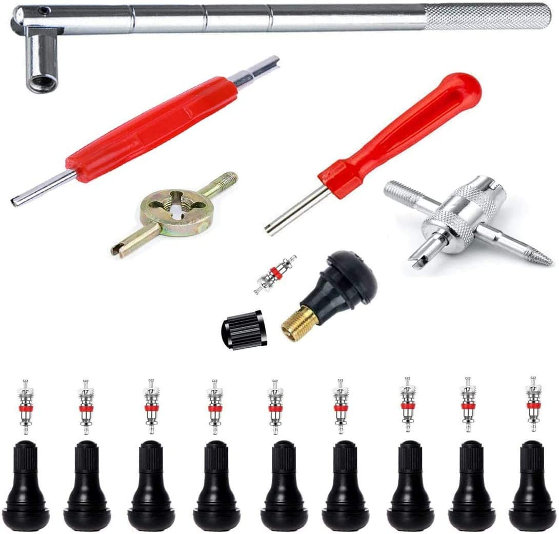 QISF 25Pcs Tyre Valve Stem Puller Tools Set – 10Pcs TR412 Snap-In Valve Stems with 10Pcs Valve Stem Cores, 1Pcs 4-Way Valve Tool, 1Pcs Dual & 1Pcs Single Head Valve Core Remover Installer Tool