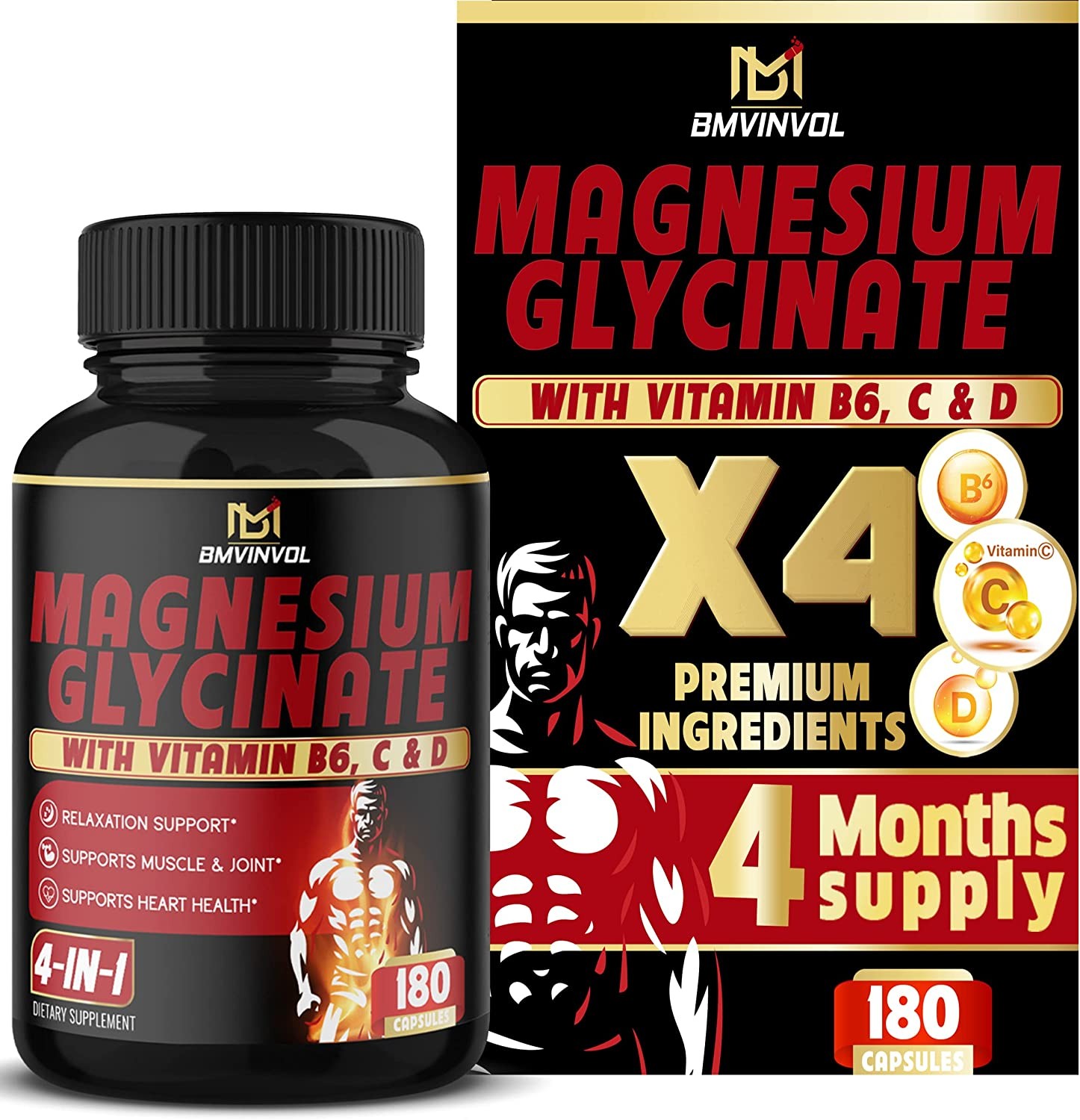 Magnesium Glycinate with Vitamin B6, Vitamin C, Vitamin D – 6 Months Supply – Natural Elemental Support for Sleep, Muscles, and Bones