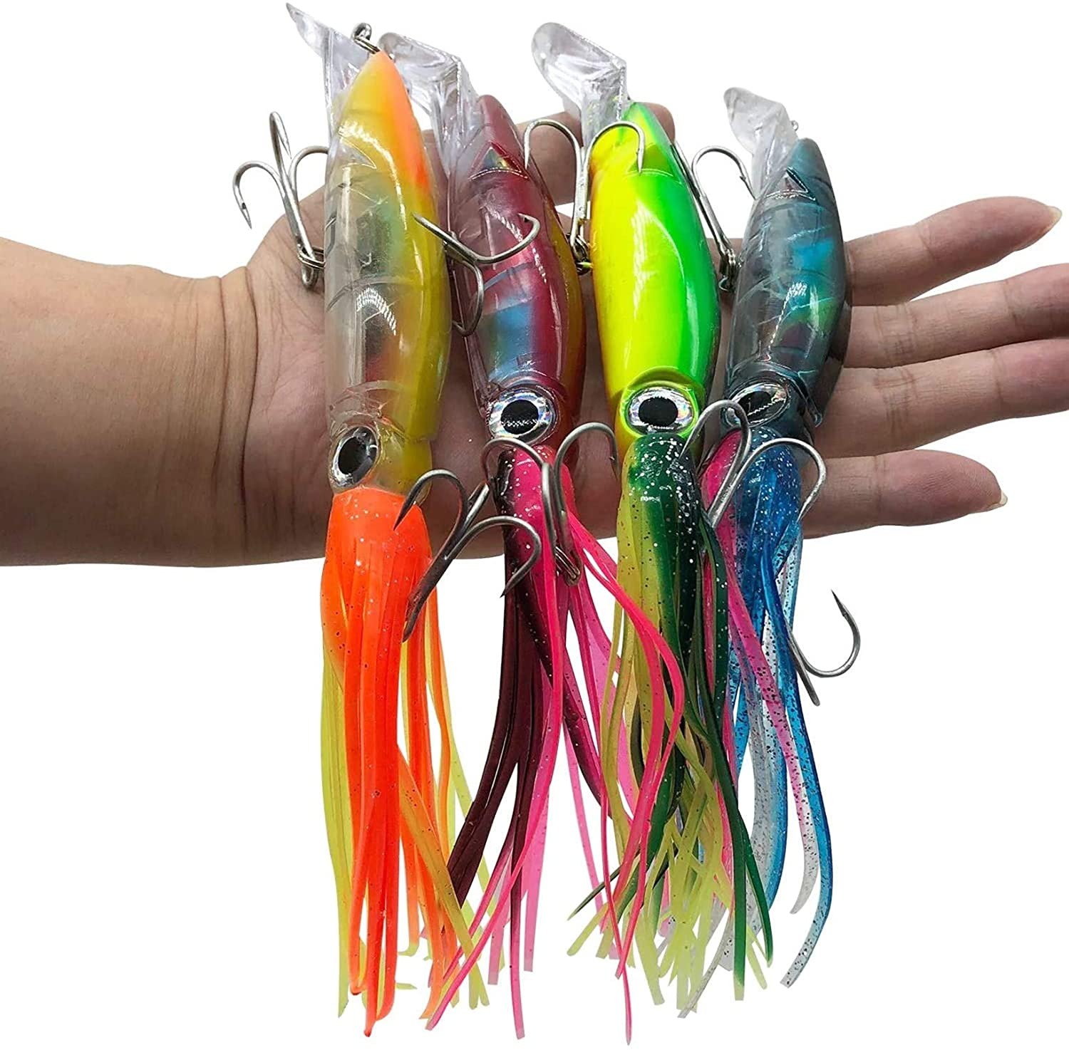 DAMIDEL 4 Pcs Large Simulation Squid Fishing Lures Bait Kit,3D Holographic Eyes，Built-In Multicolored Lead Blocksthrough Heavy Duty ，Stable and Tempting