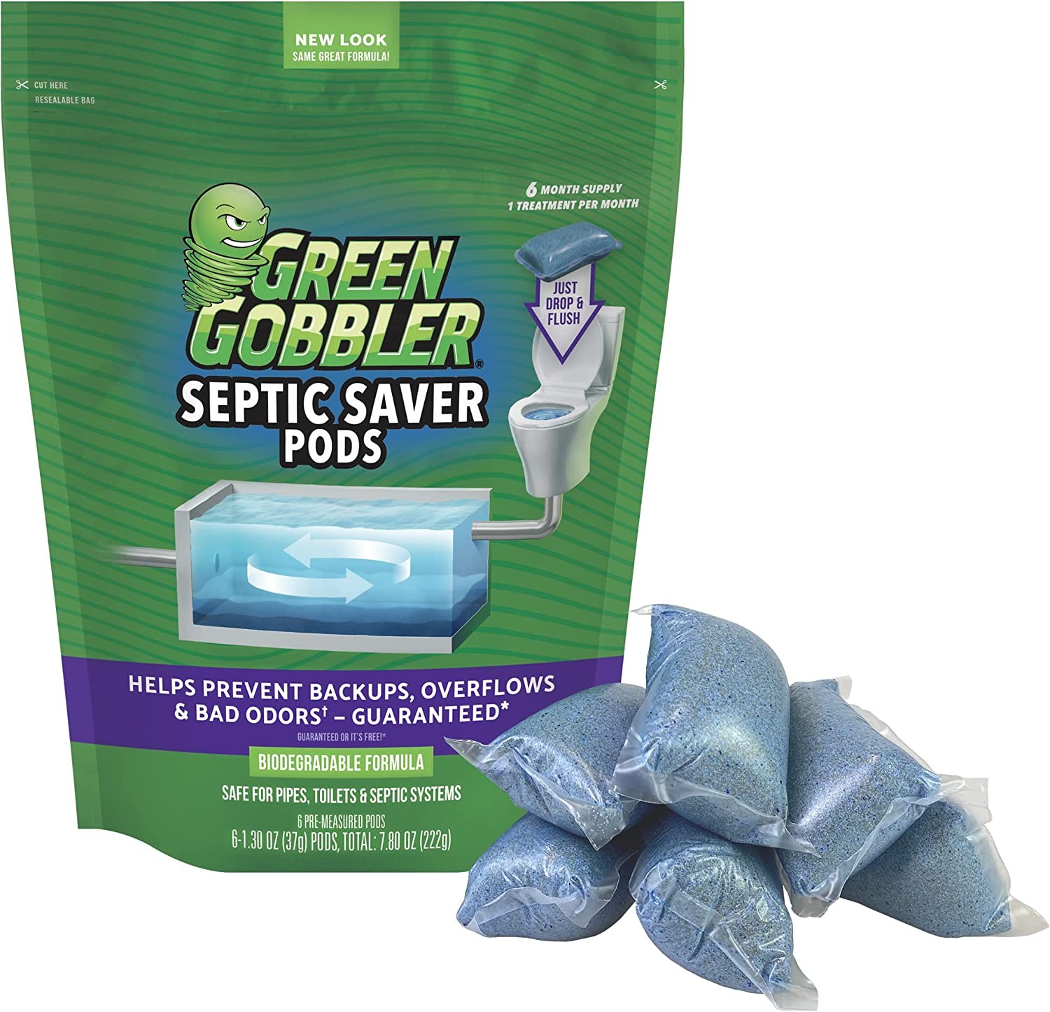 Green Gobbler Septic Saver Treatment Pods with Bacteria for Healthy Septic System, 6 Month Supply, 1.30 Oz (Package May Vary)