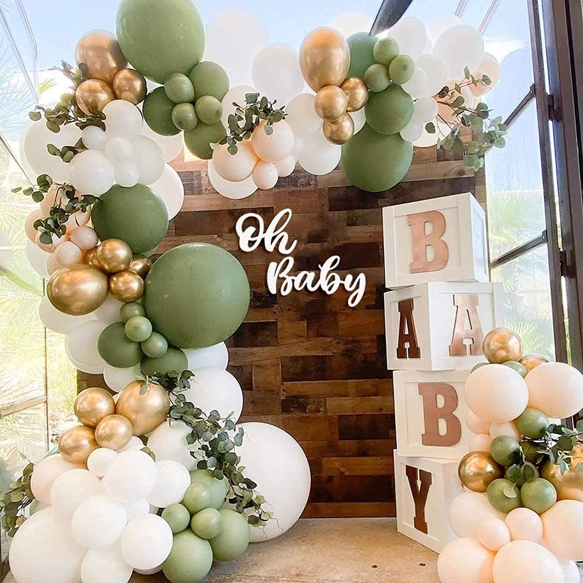 Sage Green Balloon Garland Arch Kit – 125Pcs Eucalyptus Garland, Retro Olive Green, Peach White and Gold Latex Balloons Arch Kit for Wedding Birthday, Baby & Bridal Shower Decorations