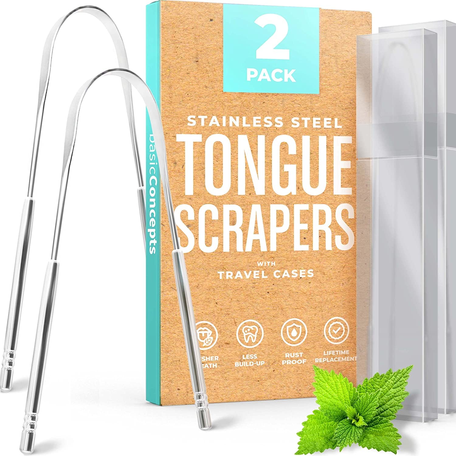 BASIC CONCEPTS Tongue Scraper for Adults (2 Pack), Reduce Bad Breath (Travel Cases Included), Stainless Steel Tongue Cleaners, Metal Tongue Scraper, Tounge Scraper – Fresher Breath in Seconds