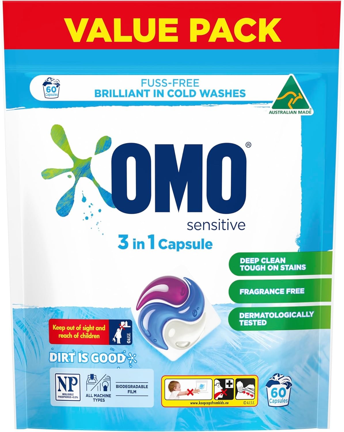 Omo Sensitive 3 in 1 Laundry Detergent Liquid Capsules 60 Washes, 1.26Kg, Fragrance Free