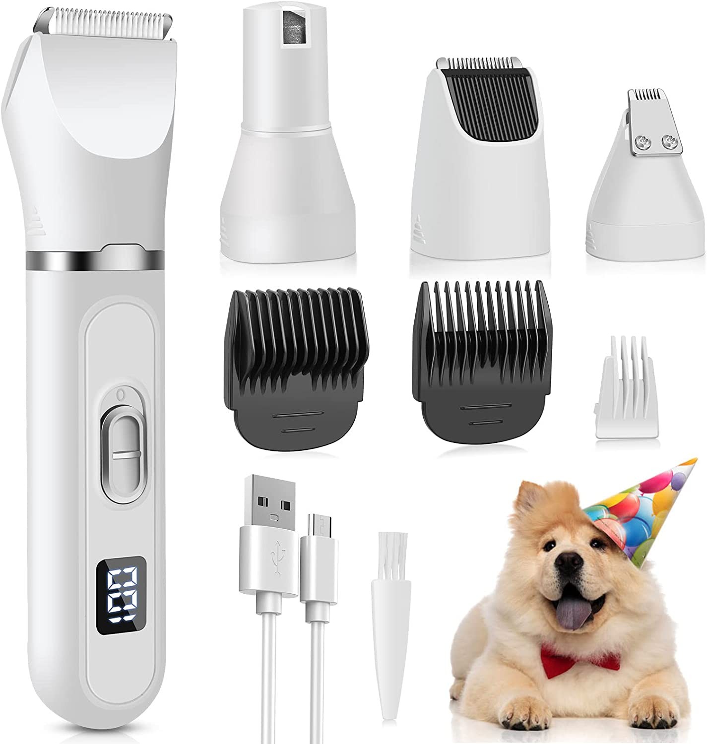 Dog Clippers for Grooming, Dog Nail Trimmers, 4 in 1 Dog Grooming Kit with LED Display and USB Rechargeable Cordless for Dogs Cats Pets.