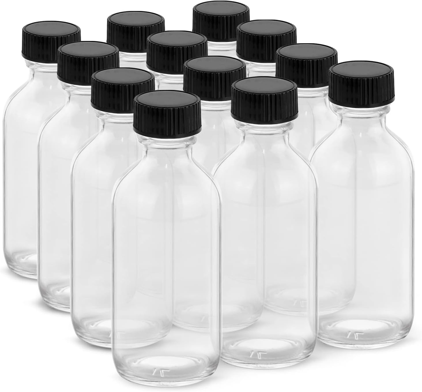 Rionisor 2OZ Small Glass Bottles with Lids and Funnels, 60Ml Boston round Glass Bottles, Perfect for Diy Essential Oils, Perfumes, Whiskey and Juices, 12Pack Clear