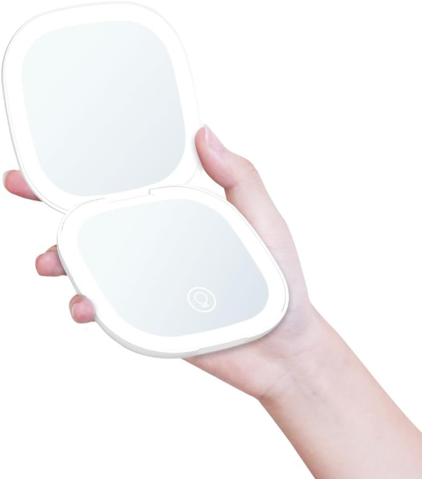 Compact LED Magnifying Travel Makeup Mirror 1X/10X Magnification Small Hand Pocket Mirror 3 Light Colors Dimmable Double Sided USB Rechargeable Touch Screen, Portable Cosmetic Mirror(White)