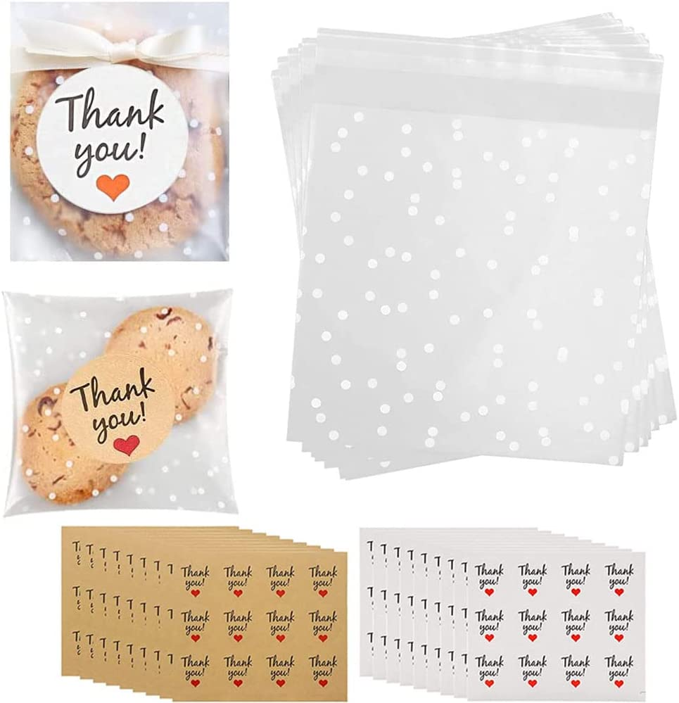 Idopick 200 Pcs Clear Cookie Bags 4″ X 4 ″Self Adhesive Gift Cookie Bags Cellophane Treat Bags Self Sealing Clear Plastic Bags for Party Giving Bakery Candy Cookie Chocolate with Stickers