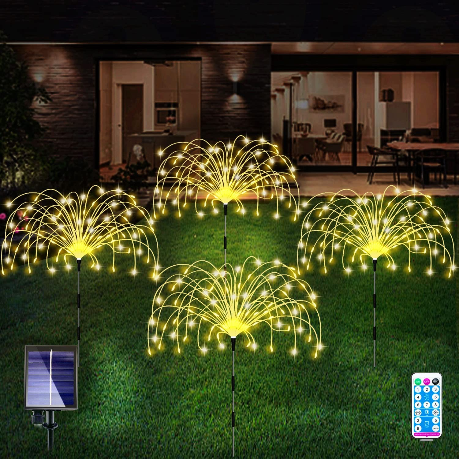 QOCNAM Solar Garden Lights, 4 Pack 120 LED Waterproof Solar Firework Lights Are 8 Modes Decorative Sparkles Stake Landscape Outdoor Lighting, Copper Wire Lamp for Backyard Lawn Patio Decor(Warm White)