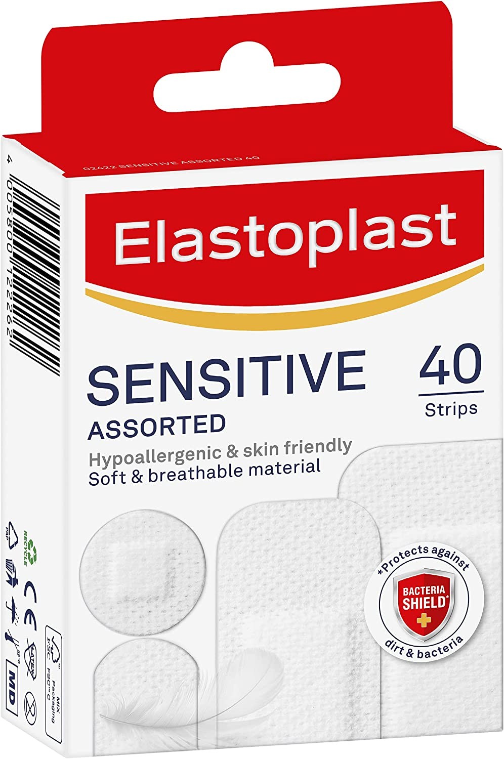 Elastoplast Sensitive Wound Plasters with Bacteria Shield – Breathable and Hypoallergenic to Protect against Dirt and Bacteria for Sensitive Skin, Latex Free, Assorted Sizes, 40 Pack