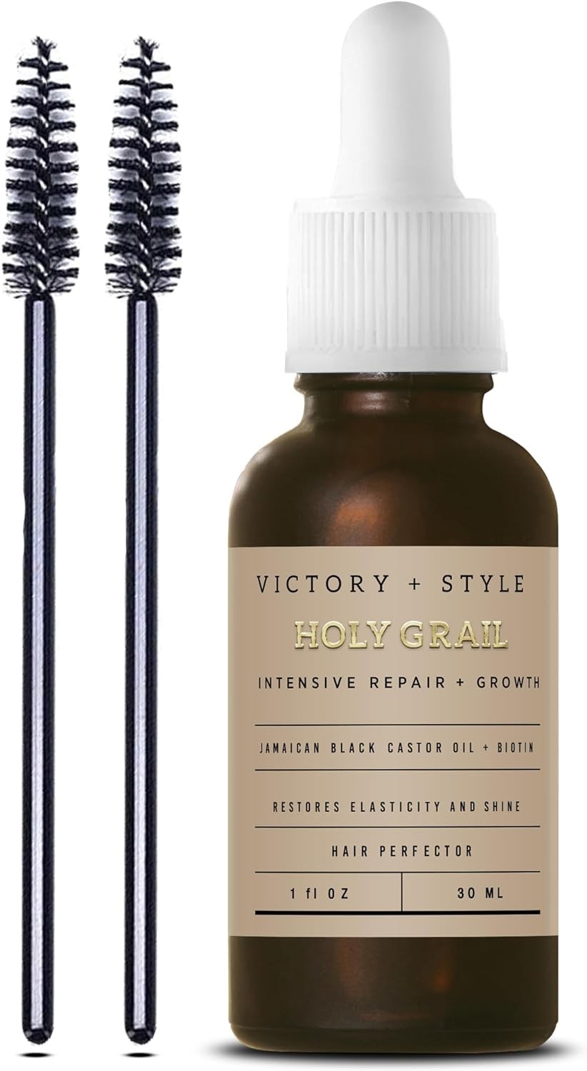 Extra Dark Organic Jamaican Black Castor Oil + Biotin 30Ml – Strengthening Oil Hair Growth Booster- Moisturizes Skin- Nails & Cuticles- Bold Eyelashes & Eyebrows, with Free Eyebrow Brush Kit by Victory + Style