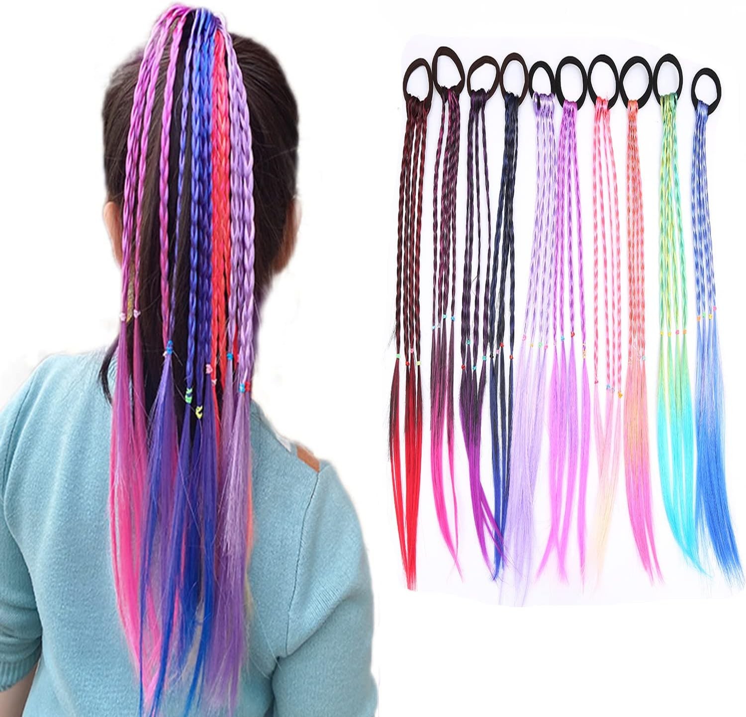 10Pcs Colorful Wig Braid Head Rope, Hair Strands Hairpieces, Girl Hair Braided Extension Accessories, Hair Tie Headdress with Elastic Rope Band, Gradient Colors Ponytail, Hairstyle Beauty Supplies