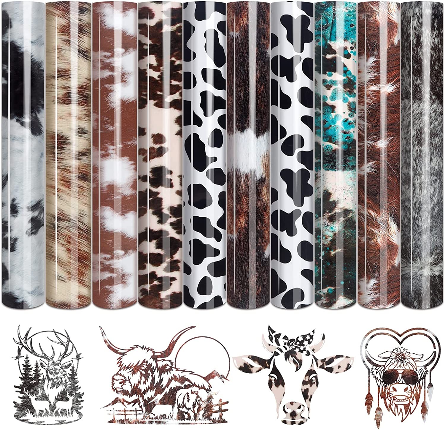 Tintnut Cowhide HTV Vinyl – 10 Sheets 12 X 10 Inches Brown Heat Transfer Vinyl Animal Printed Patterned HTV Iron on Vinyl for T-Shirts DIY Compatible with Cricut or Silhoutte Cameo