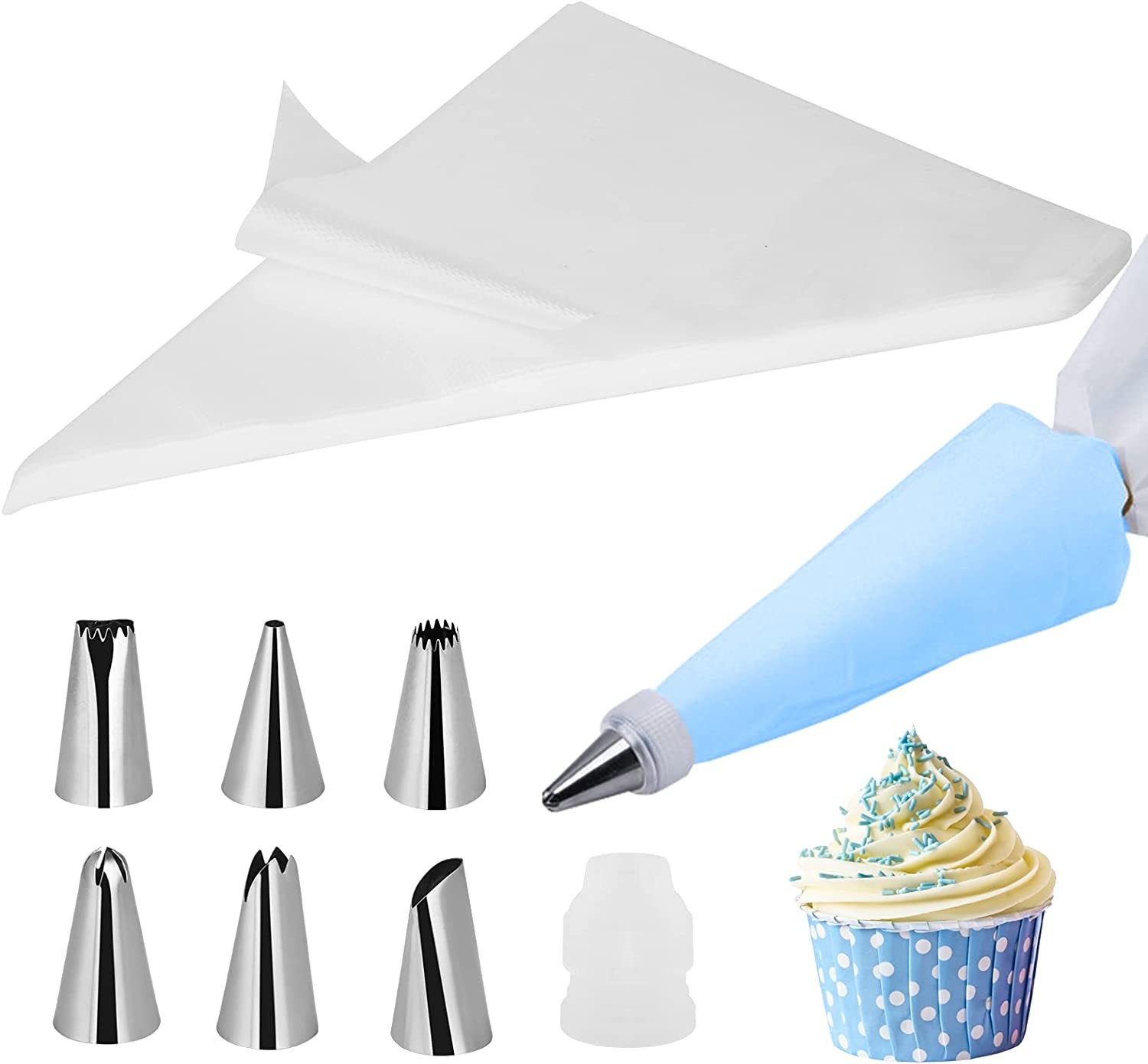 Bigqin 13.7 Inch 100Pcs Large Disposable Piping Bags and Nozzles Set of 6 Pcs with Converter, anti Burst Non-Slip Thicken Icing Piping Pastry Bags for Cookies Cake Decorating Supplies Bags Clear