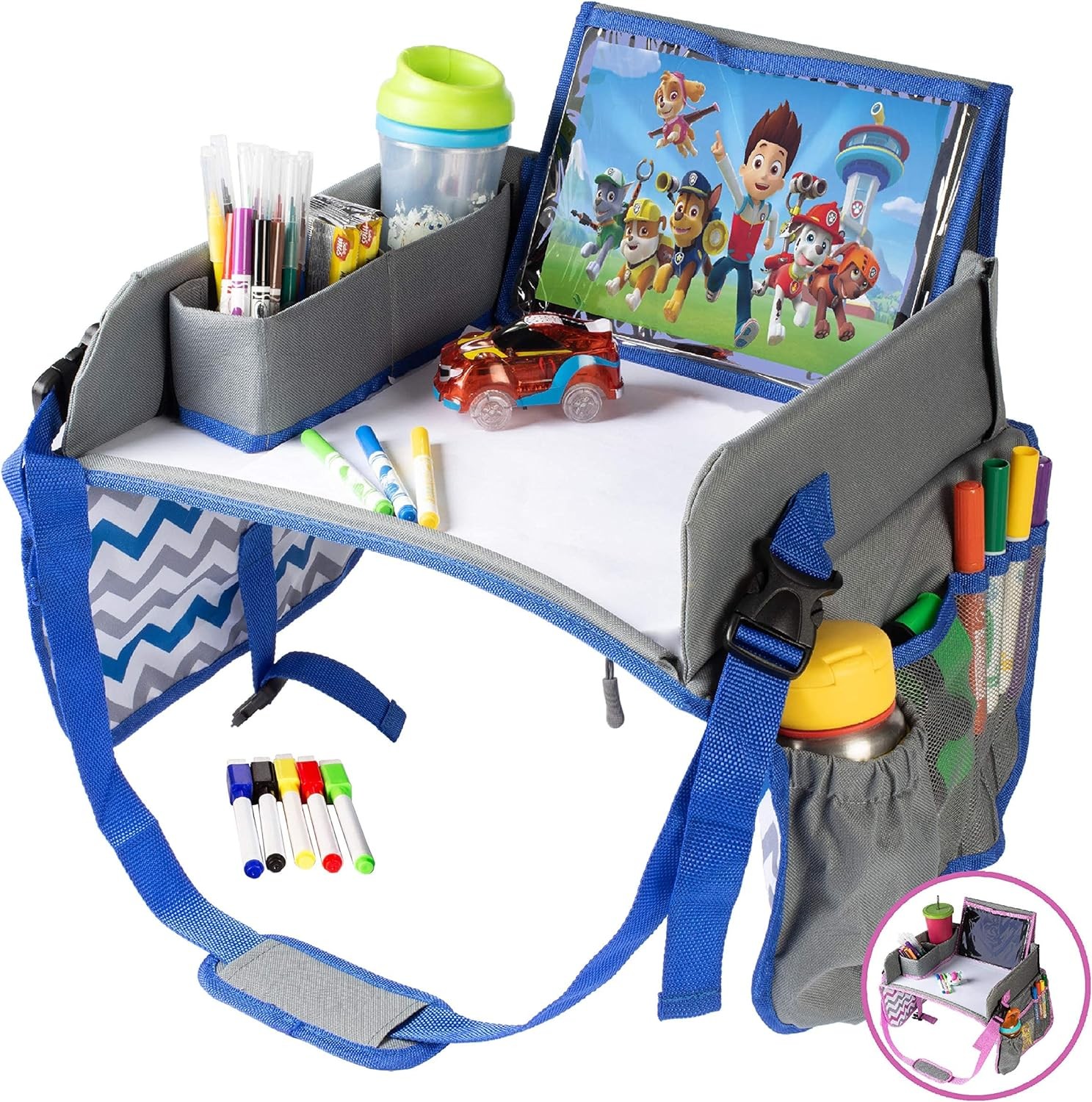 Kids Travel Tray – Travel Lap Desk Accessory with Dry Erase Board for Your Child’S Rides and Flights – Travel Tray for Kids Car Seat That Keeps Children Entertained Holding Their Toys (Blue)