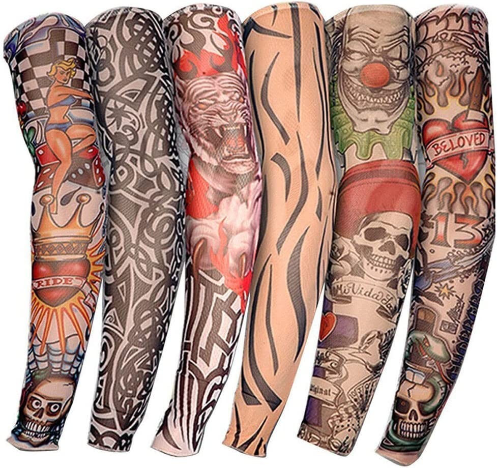 Tattoo Sleeves, 6Pcs Stretchy Nylon Arm Sleeves Fake Tattoos Sleeves to Cover Arms Sun Protection Sleeves Costume Tattoo Sleeve Covers Tattoo Cover up Sleeve Temporary Tattoo Sleeves for Men & Women