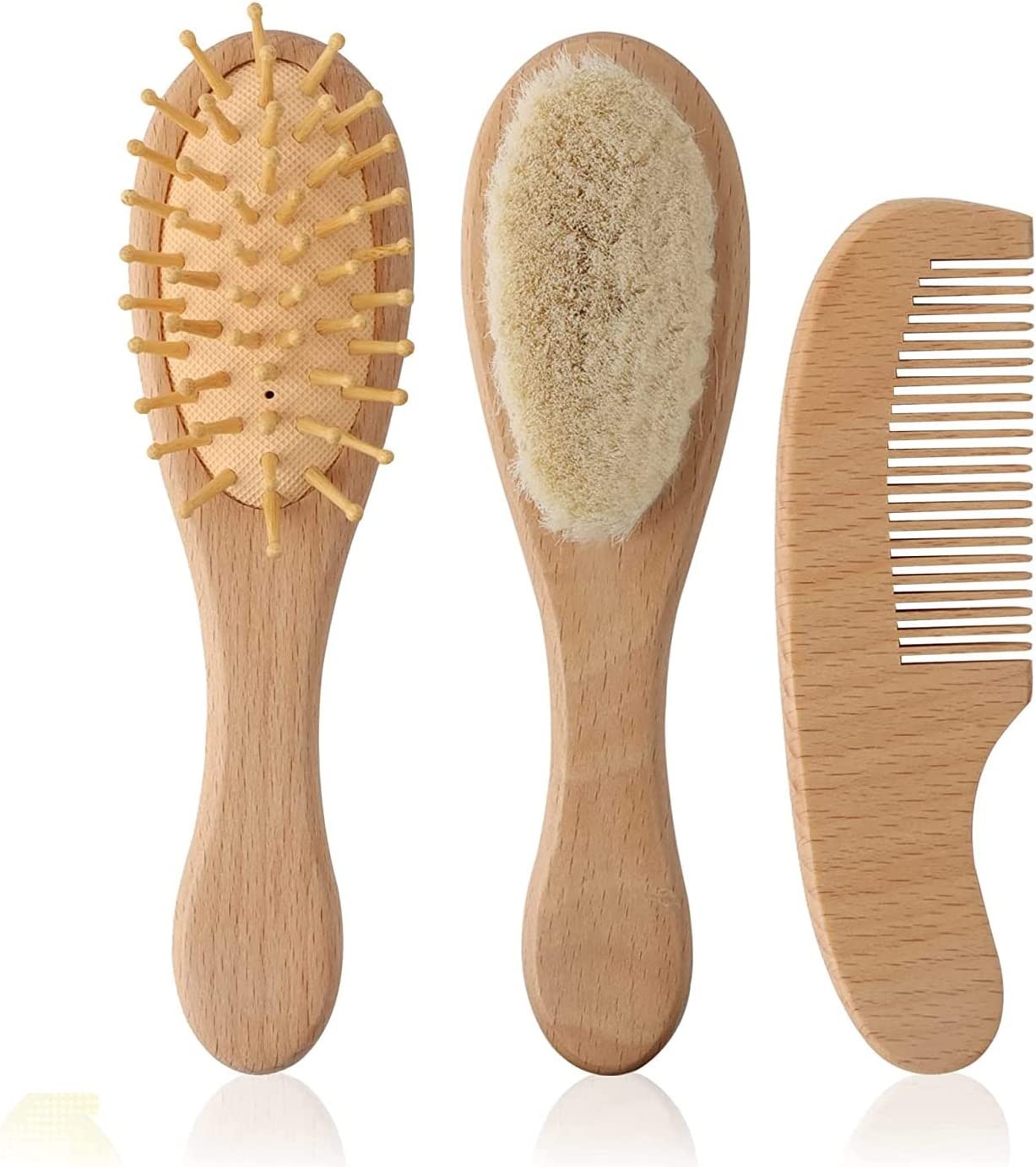 Baby Hair Brush and Comb Set, Soft Goat Bristles Wooden Baby Brush Natural, Perfect Scalp Grooming Product for Cradle Cap Brush Infant Toddler Kids Baby Shower Baby Registry Gift