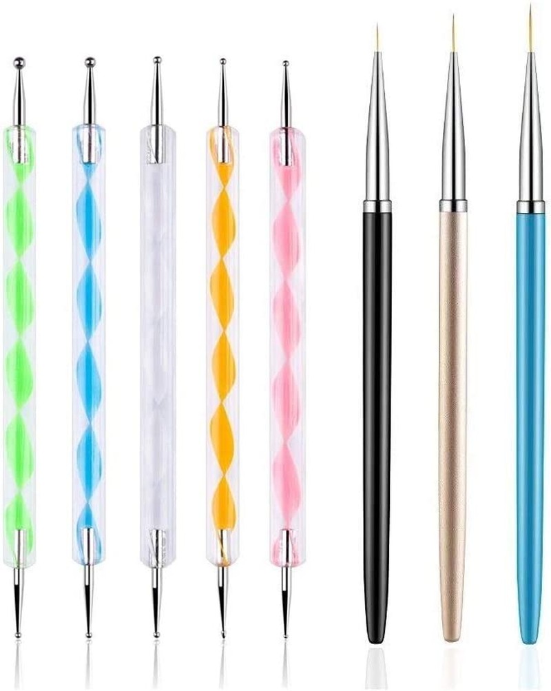 5PCS Dotting Pens with 3 PCS Nail Painting Brushes, Nail Art Design Tools