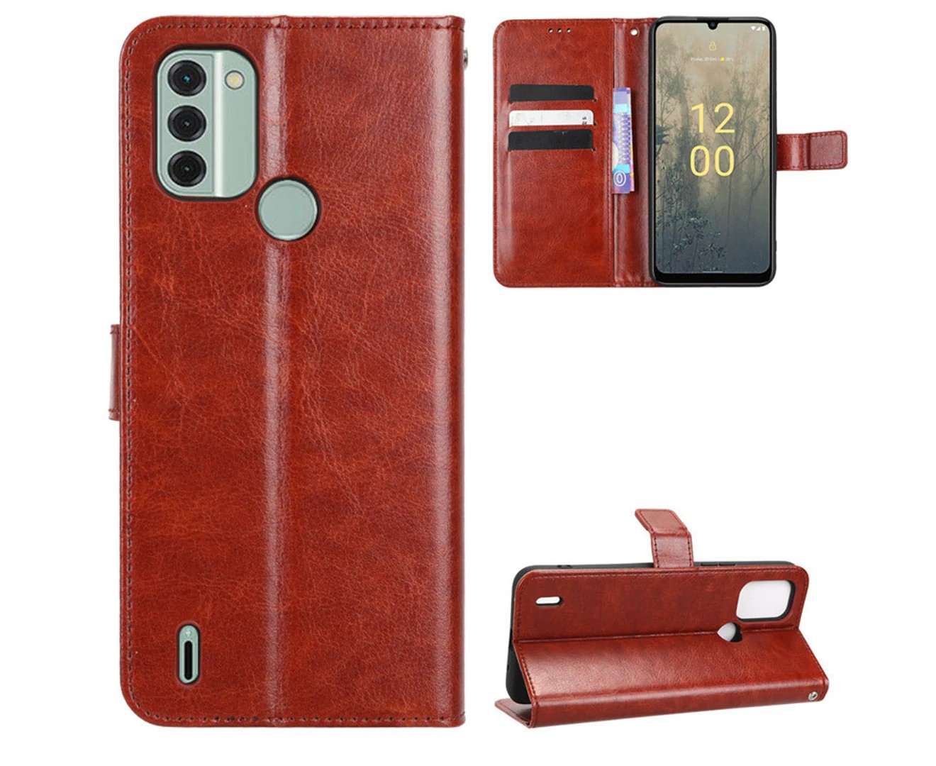 Premium PU Leather Wallet Case Flip TPU Cover for New Nokia C31 – Brown