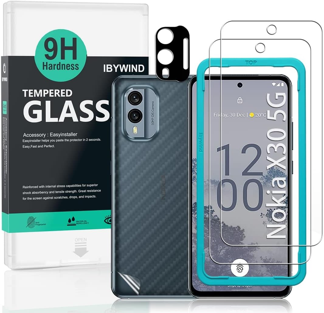 IBYWIND Screen Protector for Nokia X30 5G(6.43 Inches),With 2Pcs Tempered Glass,1Pc Camera Lens Protector,1Pc Backing Carbon Fiber Film[Fingerprint Reader,Easy to Install]