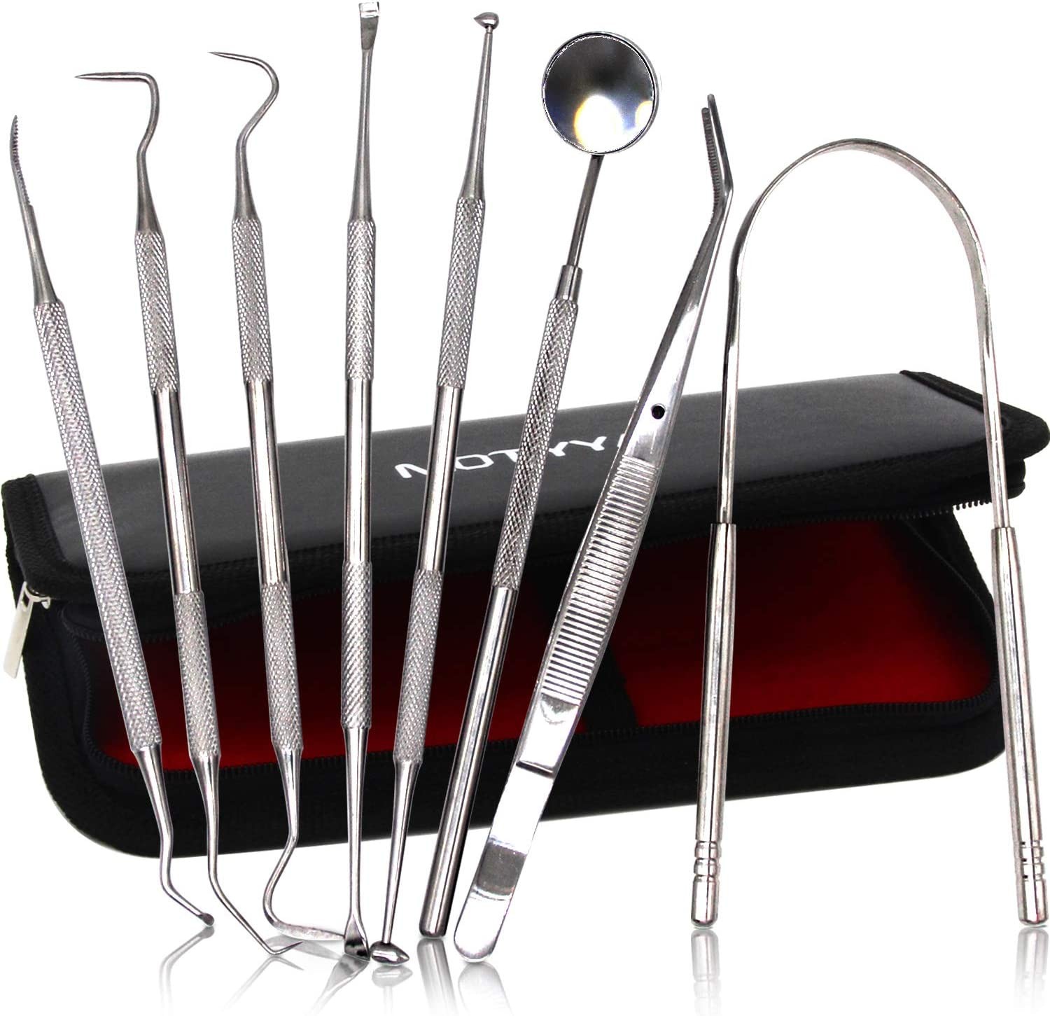 MOTYYA Dental Tools 8Pcs, Professional Teeth Hygiene Kit Stainless Steel Dental Pick Cleaning Set,Tongue Scraper,Tooth Scaler,Tweezers,Anti Fog Mouth Mirror for Oral Care