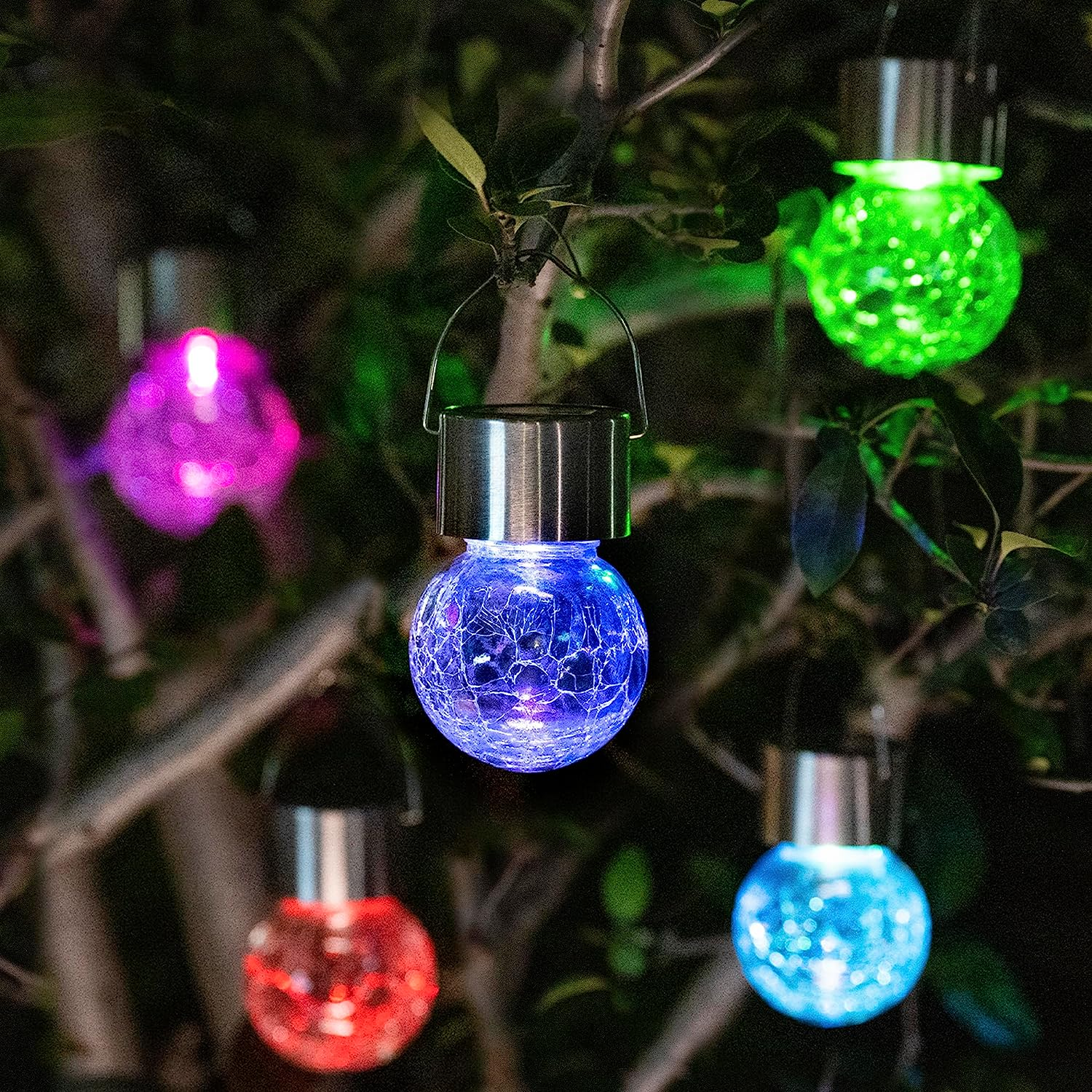 GIGALUMI 8 Pack Hanging Solar Lights Multi-Color Changing Cracked Glass Hanging Ball Lights Waterproof Outdoor Solar Lanterns for Garden, Yard, Patio, Lawn