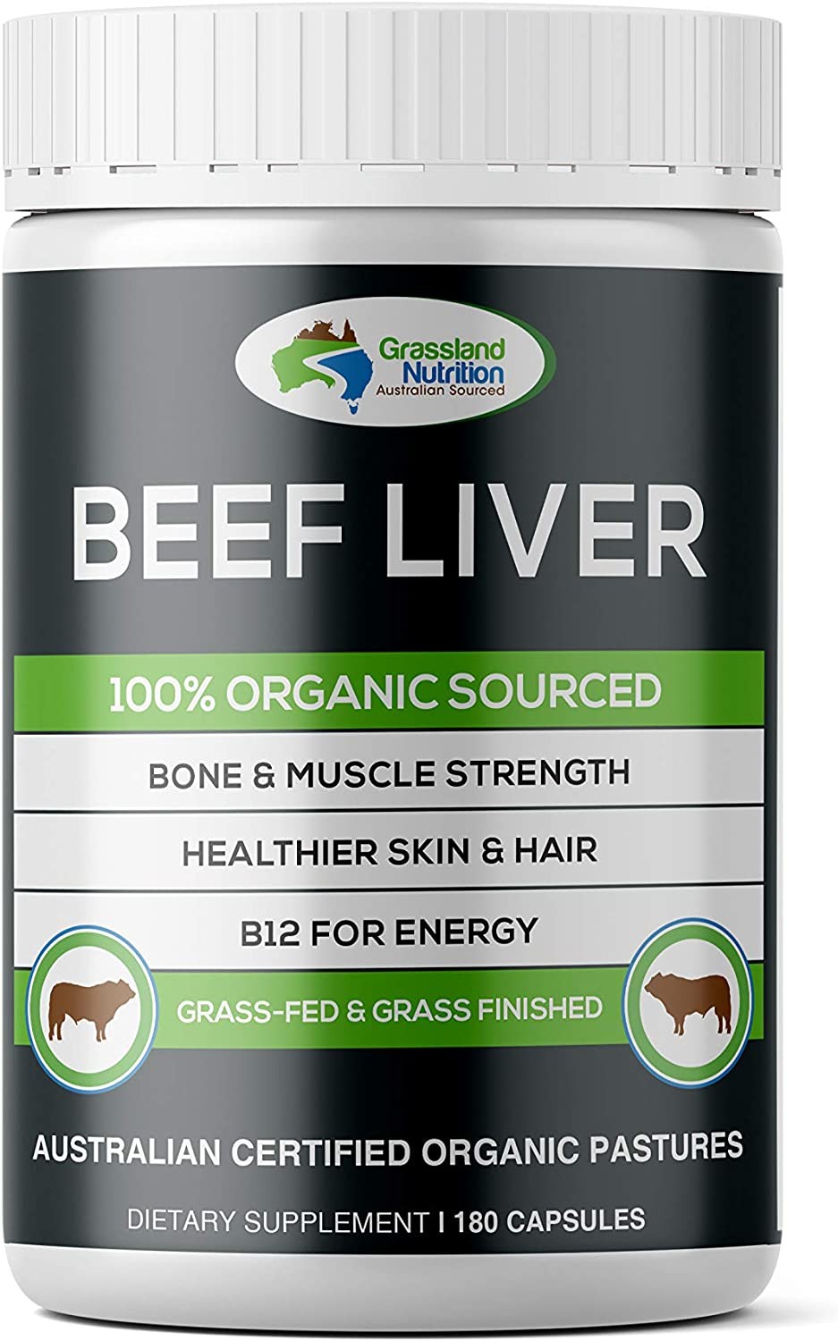 Grassland Nutrition Grass Fed Beef Liver 100% Organic Sourced — Natural B12 for Energy, Iron & Vitamin a (180 Capsules)