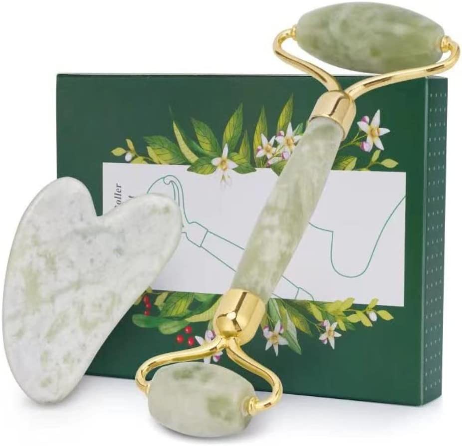 Gua Sha Stone & Jade Roller Gift Set, Anti-Aging Natural Facial Roller Jade Gua Sha Set, Beauty Face Roller for Rejuvenate Skin & Remove Wrinkles (Light Green Set)