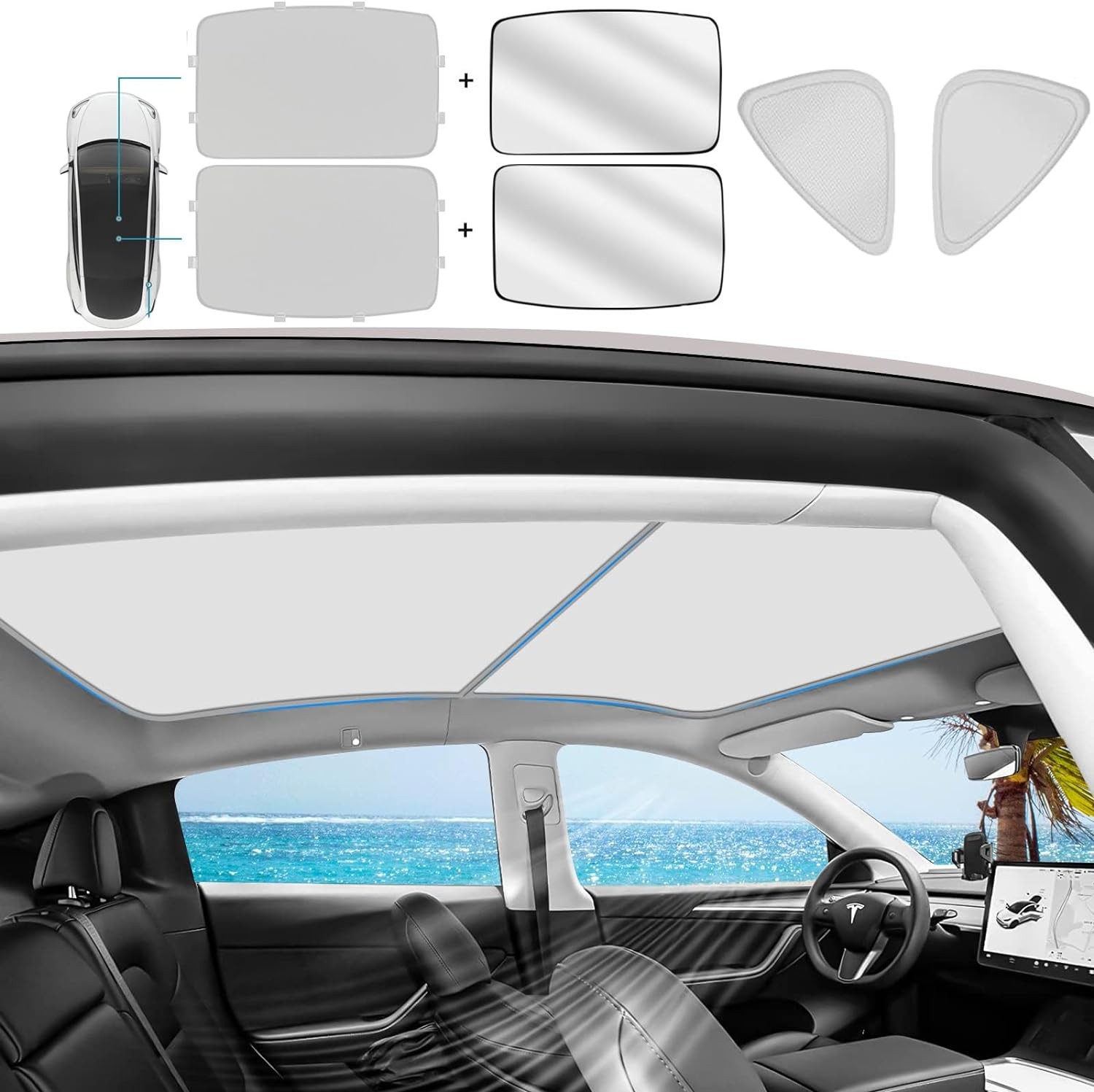 Tesla Model Y Glass Roof Sunshades, Tesla Model Y Glass Roof Sunshade Front & Rear Top Windows Sun Shade, Won’T Sag Original Color Reflective Covers Sets of 6/4 (Original Color, 2020-2023 Model Y)