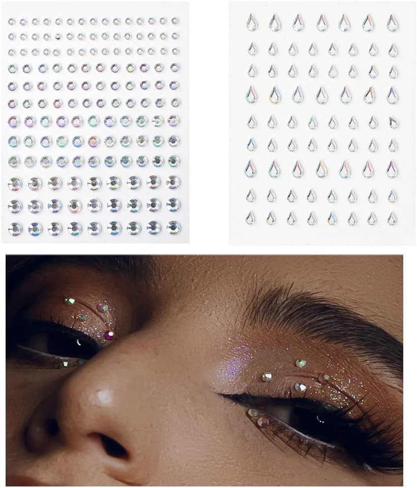 Teardrop Rhinestones Face Stickers Self Adhesive Mixed Gems for Makeup Glitter Droplet Rhinestones for Eyes Body Eyelash Gemstones 2 Sheets Temporary Tattoo for Proms Carnival Festival Accessories