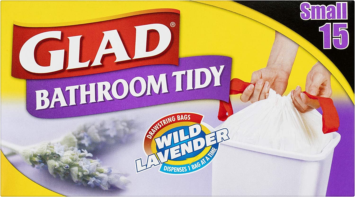 Glad Bathroom Tidy Drawstring Bags, Fits Small 12L Bins, Wild Lavender Scent, 15 Count