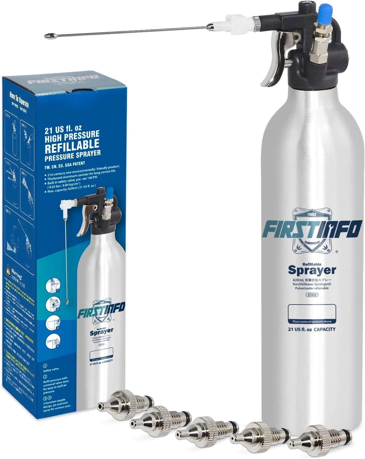 FIRSTINFO Aerosol Refillable Fluid/Oil Pressure Storage Sprayer Aluminum Can Pneumatic/Manual Pump/Jet + Sprayer Two Ways Nozzle and 0.5Mm,1.0Mm,1.5Mm Bulk Jet Nozzles Kit