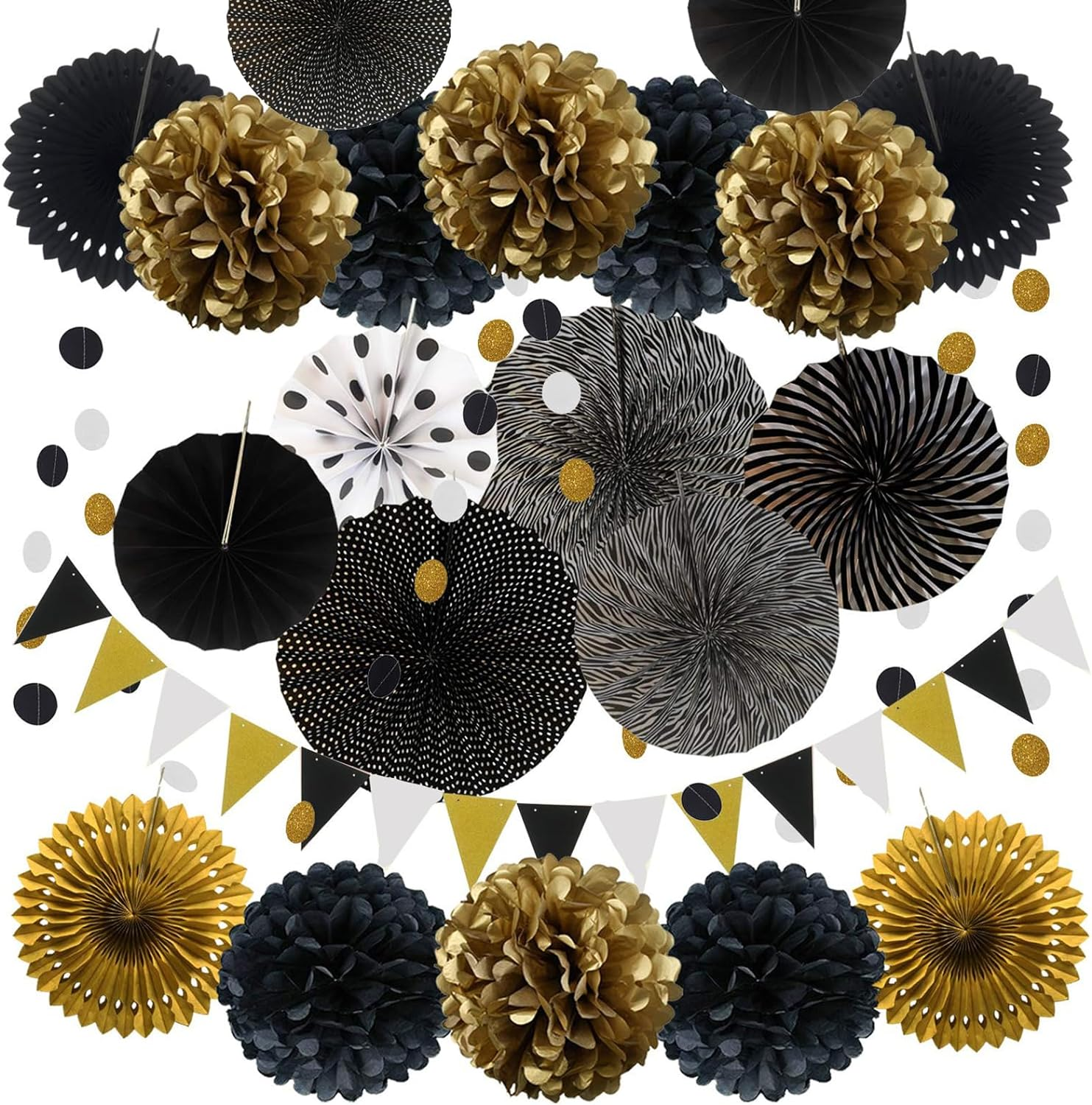 YALLOVE Hanging Party Decorations Set, 20 Pcs Black and Gold Hanging Paper Fans, Pom Poms Flowers, Garlands String Polka Dot and Triangle Bunting Flags for Birthday Christmas Decorations