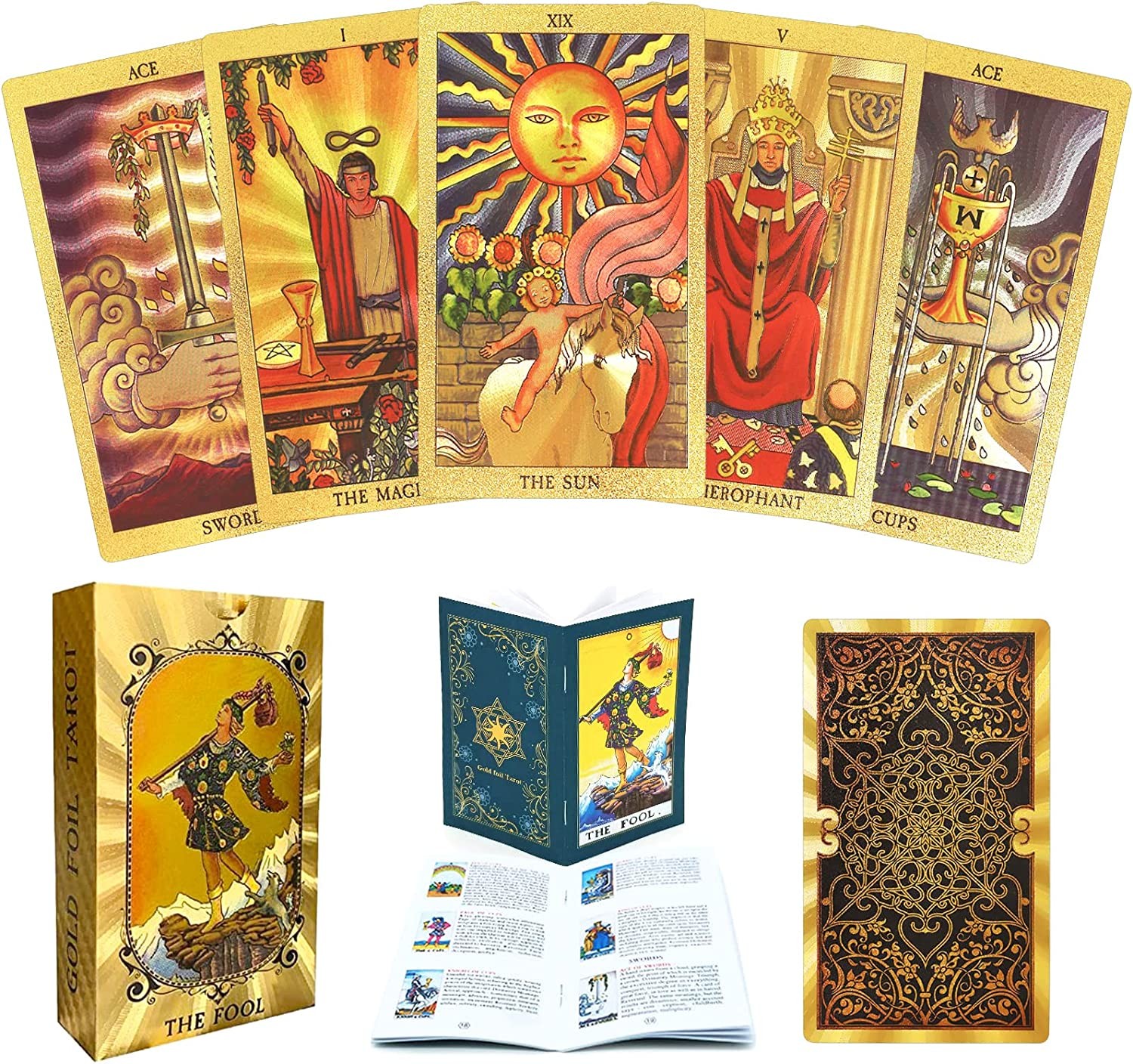 Tarot Cards with Guide Book, 78 Luxury Gold Foil Tarot Deck PVC Durable Waterproof Wrinkle Resistant Tarot Cards Fortune Telling Game for Beginners and Professional Player