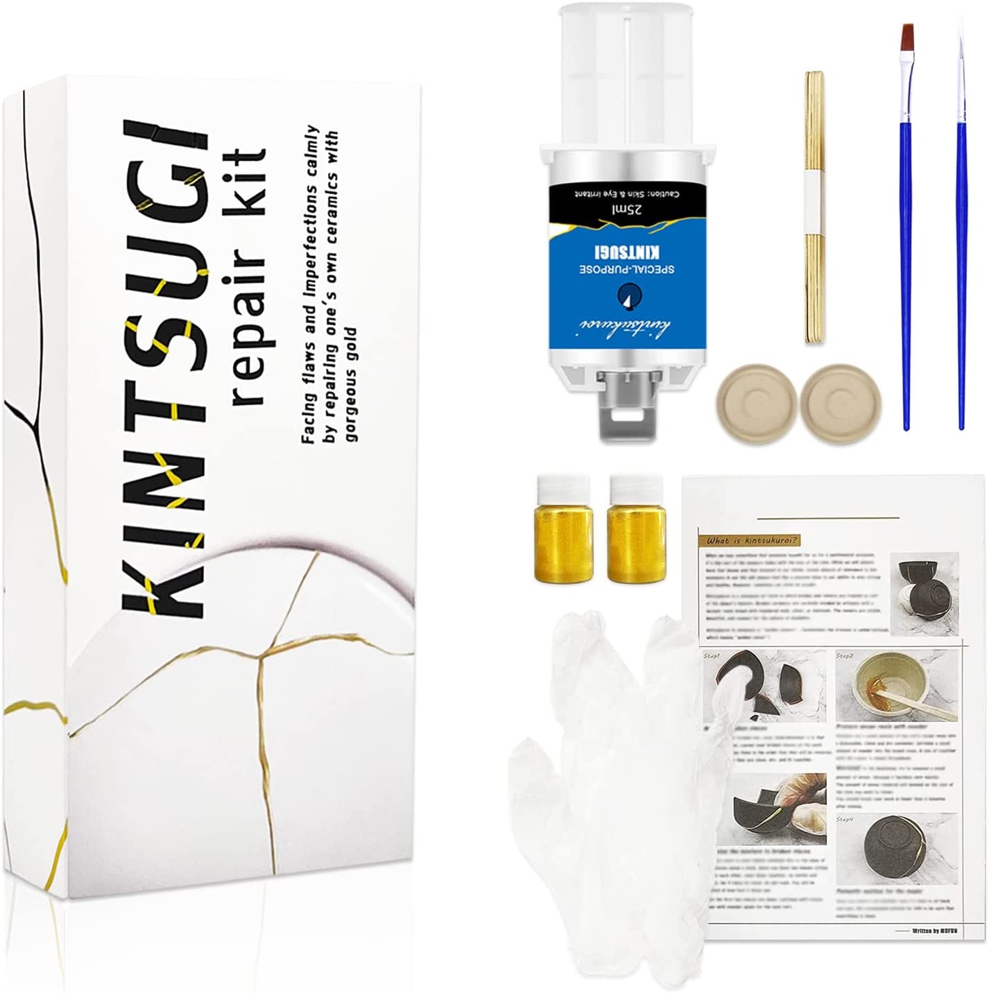 Kintsugi Repair Kit Gold, Japanese Kintsugi Kit to Improve Your Ceramic, Repair Your Meaningful Pottery with Gold Powder Glue, Perfect for Beginners Restoring Meaningful Gifts