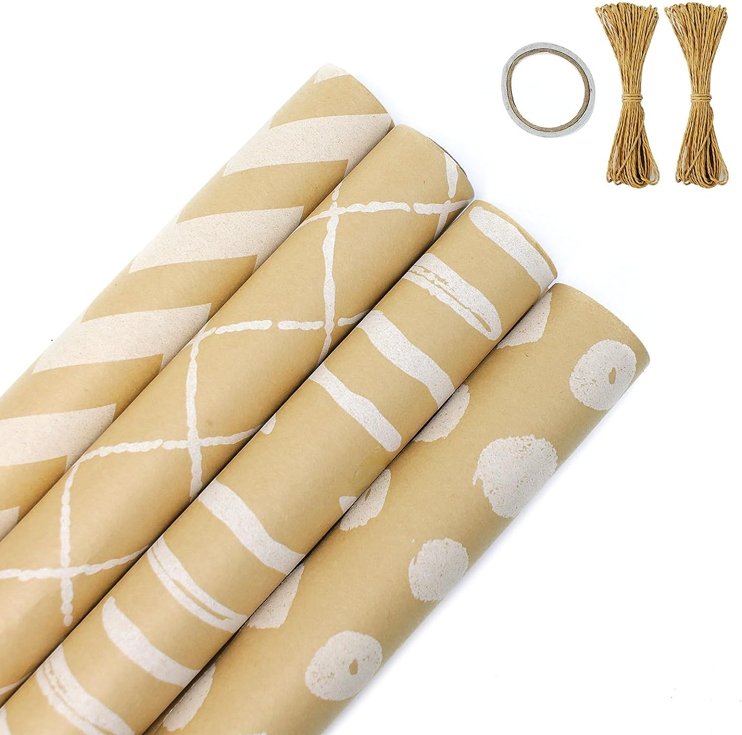 ZCOINS 4 Rolls of Kraft Wrapping Paper – 17″ X 33 Ft per Roll, Recyclable Gift DIY Wrapping Paper with Flax Strings and Tape for Kids Women Men Birthday Wedding Bridal Baby Showers Christmas Crafts Holidays