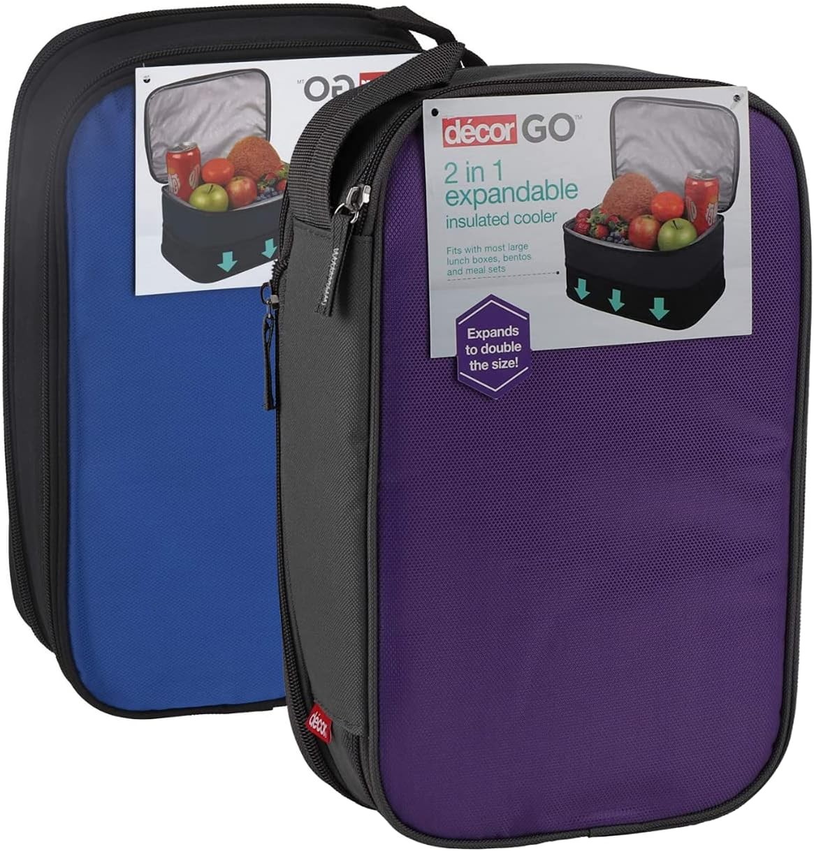 Décor Go Expandable Insulated Cooler Lunch Bag | Doubles in Size | Perfectly Fits Lunchboxes and Bento Boxes | up to 4L Capacity – Assorted Colours